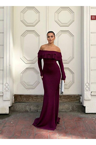 Modafeminen Fkuro Simli Esnek Kumaş Ön Çift Volan Abiye Elbise AÇIK MOR 583112