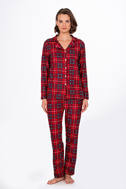 Kompedan Kadın Süet Önden Düğmeli Pijama Takımı | Ekose Kırmızı - Lacivert