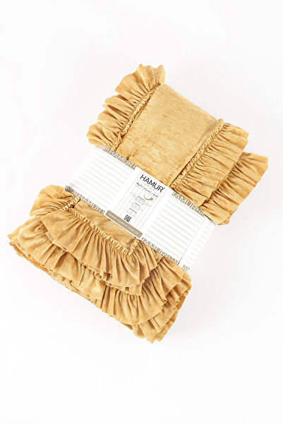 HAMUR Crush Hare Effect Double Bedspread Set with 2 Pillowcases Ruffled Satin Shine Mustard