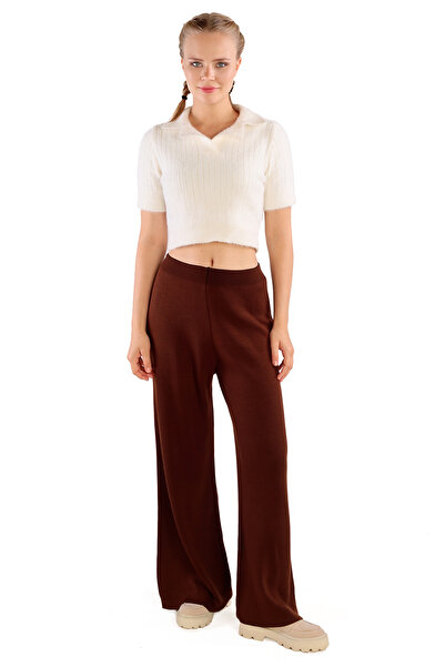 Rays Acı Kahve Geniş Paça Triko Kadın Pantolon 23274