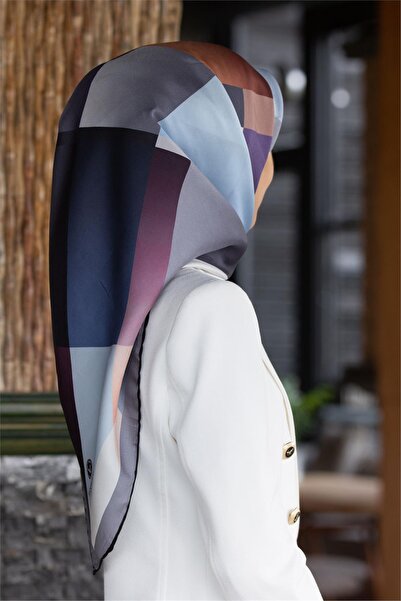 Vissona %100 Twill İpek Geometrik Desenli Gri - Bebe Mavisi Renkli 90x90 Eşar...