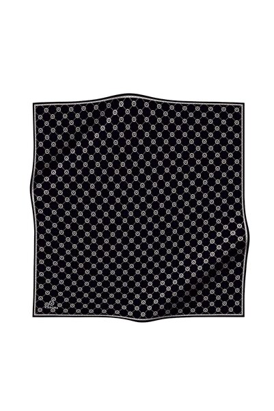 Vissona 100% Twill Silk Monogram Μαύρο-Κρεμ 90x90 Φουλάρι Ράψιμο Χειροποίητο
