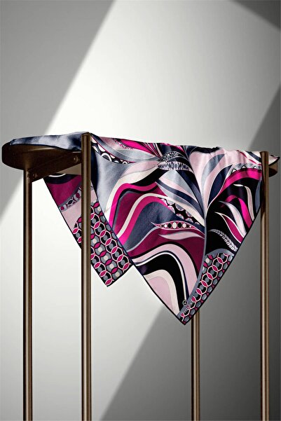Vissona Φούξια Χρώμα Φύλλων Μοτίβο Twill Ethnic Χειροποίητο Ραπτικό Κασκόλ - Σχήμα Ραπτικής 90x90