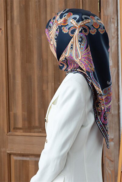 Vissona %100 Twill İpek Şal Desenli Lacivert - Turuncu Renkli 90x90 Eşarp Dik...