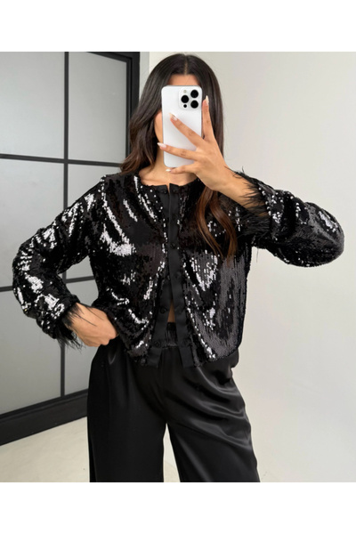 Astrea Butik SİYAH PUL PAYET ASTARLI TASARIM CEKET GÖMLEK