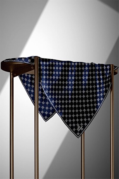 Vissona Μπλε Navy Twill Silk Φουλάρι - Μοτίβο μονόγραμμα