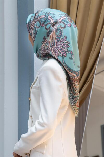 Vissona 100% Twill Silk Shawl με σχέδιο Ice Blue Χρώμα 90x90 Φουλάρι Σχήμα Φύτευσης: Ράψιμο στο χέρι