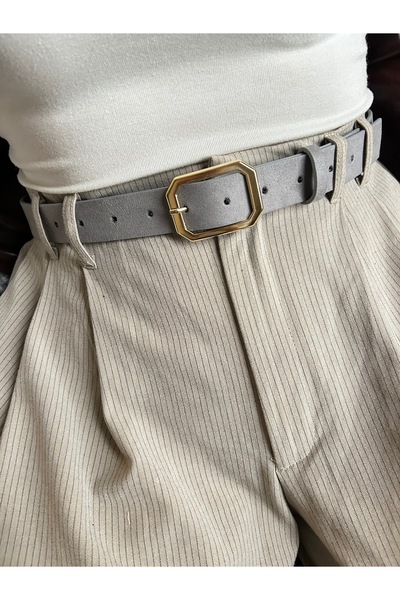 LİA KEMER Trace Quadrilateral Patterned Suede Women's Gold Buckle Belt Jacket Belt Dress Belt Trouser Belt