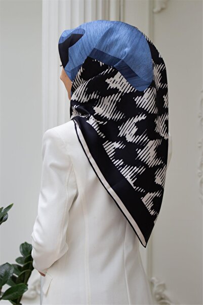 Vissona 100% twill silk houndstooth patterned indigo - navy blue colored 90x90 scarf edge stitching style hand stitched