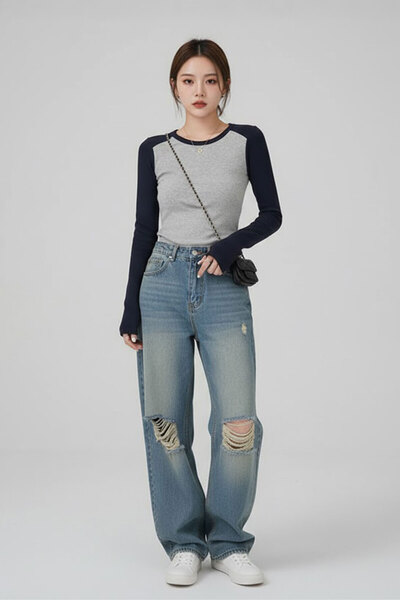 Karakedi Μαύρο ναυτικό με μανίκια ράγκλαν γκρι μελανζέ βασικό μακρυμάνικο κομ...