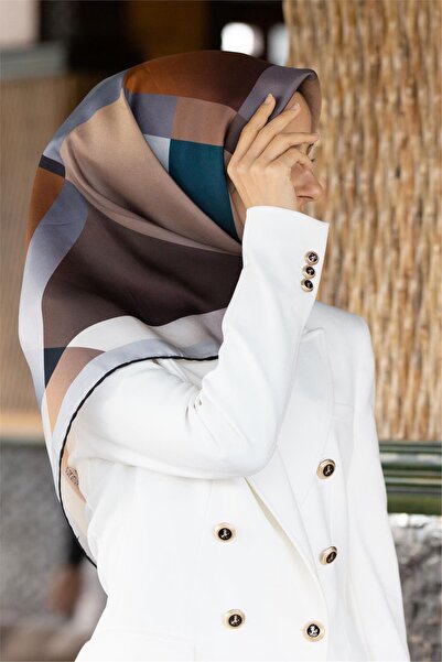 Vissona 100% Твіл Шовк Геометричний Візерунок Нафта Синій - Сірий Колір 90x90...