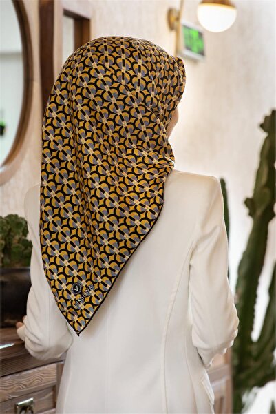 Vissona 100% Twill Silk Geometric Pattern Χρυσό - Μαύρο Χρώμα 90x90 Φουλάρι Σ...