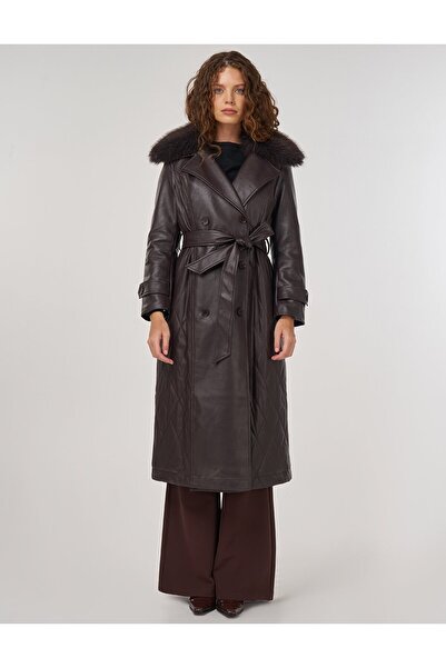 Kayra Faux Fur Leather Coat Brown