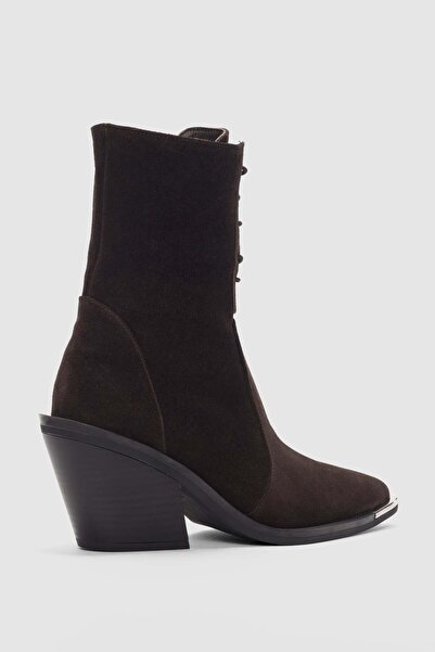 selin shoes Novira Hakiki Deri Bağcıklı ve Yandan Fermuarlı Sivri Burun Kadın Bot- KAHVE SÜET