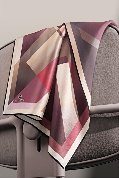Vissona 100% Twill Silk Geometric Patterned Beige - Burgundy Colored 90X90 Scarf Sewing Shape: Hand Sewing