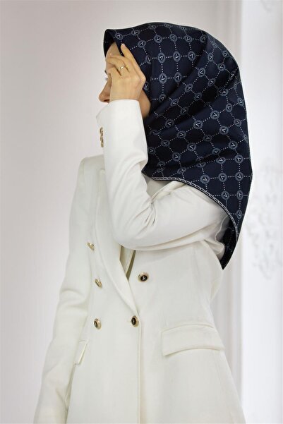 Vissona Μπλε Navy Twill Silk Φουλάρι - Μοτίβο μονόγραμμα