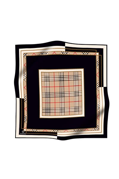 Vissona Plaid Pattern Black Cream Beige Twill Silk Scarf