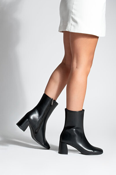 Marjin Kadın Topuklu Bot Küt Burun Fermuarlı Nonas siyah