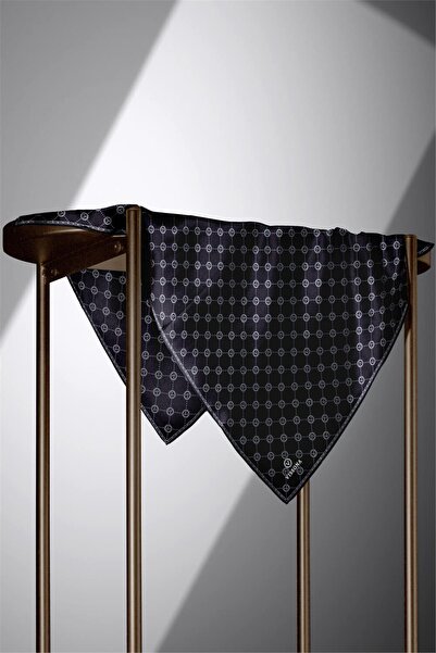 Vissona 100% Twill Silk Monogram Μοτίβο Μαύρο - Γκρι Χρώμα 90x90 Φουλάρι Σχήμα Φύτευσης: Ράψιμο στο χέρι