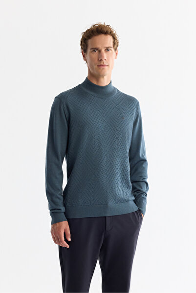 Avva Pulover pentru bărbați, albastru petrol, cu jumătate de gât, din amestec de lână jacquard, tricotaj, cu croială normală A42Y5021