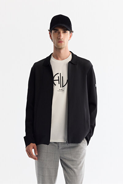 Avva Men's Black Polo Neck Zippered Pocket Regular Fit Cardigan A42Y5047