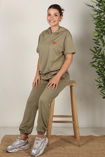 Mckanzie 25691 Heart Embroidered Short Sleeve Hooded Top and Elastic Bottom Suit