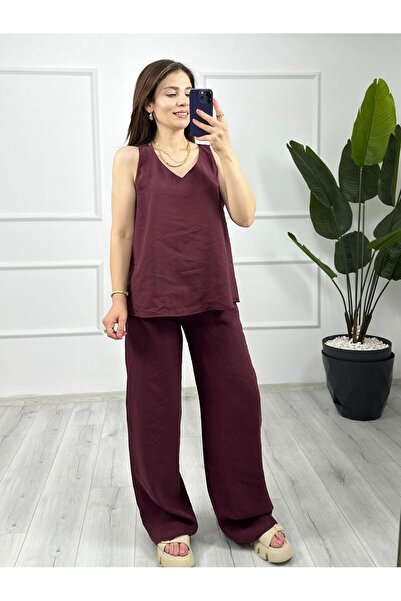 TUNAM BUTİK بدلة مزدوجة من قماش الكتان فائق النعومة بياقة على شكل حرف V من AY...