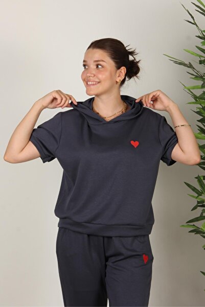 Mckanzie 25691 Heart Embroidered Short Sleeve Hooded Top and Elastic Bottom Suit