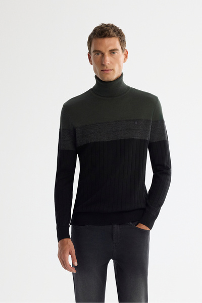 Avva Men's Khaki Full Turtleneck Color Block Wool Blend Regular Fit Sweater A42Y5013