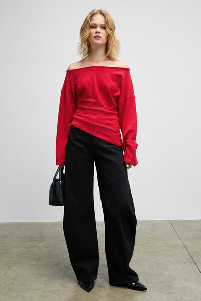 GRIMELANGE Niveas Women's Soft and Flexible Fabric Boat Neck Gathered Side Red Sweatshirt