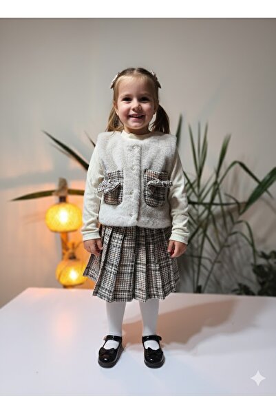 Şimo Butik Girl's Three-Piece Set (Plush Vest+Cotton Blouse+Cashmere Skirt) Stylish Winter Stone Color