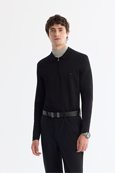 Avva Men's Black Zippered Polo Neck Rayon Knitwear Regular Fit Sweater A42Y5009
