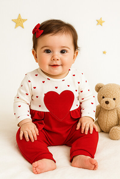 AKİ MODA KİDS Baby Girl Heart Detailed Snap Bandana Jumpsuit