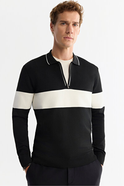 Avva Men's Black Zippered Polo Neck Color Block Knitwear Regular Fit Sweater A42Y5030