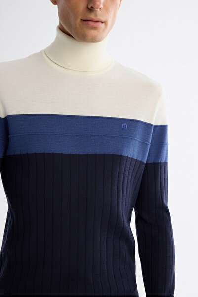 Avva Men's Navy Blue Full Turtleneck Color Block Wool Blend Regular Fit Sweater A42Y5013