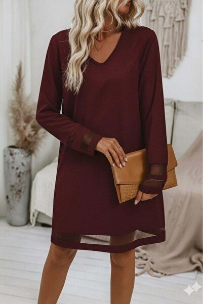 Genel Markalar Kadın Uzun Kollu V Yakalı Tül şerit Detaylı Mini Krep Elbise