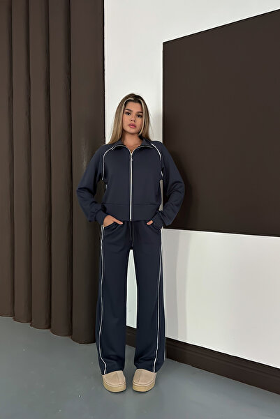 mielva Women's Anthracite Striped Wide Leg Zippered Modal Fabric Tracksuit Set