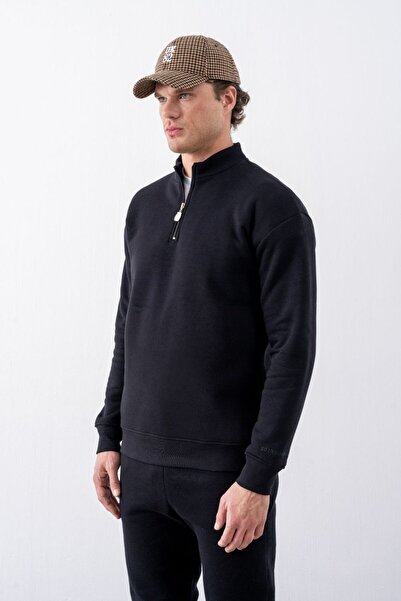 gothamvibes Erkek Siyah Fermuarlı Oversize Sweatshirt