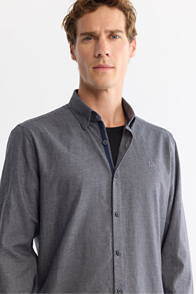 Avva Men's Navy Blue Buttoned Collar 100% Cotton Flannel Slim Fit Shirt A42Y2002