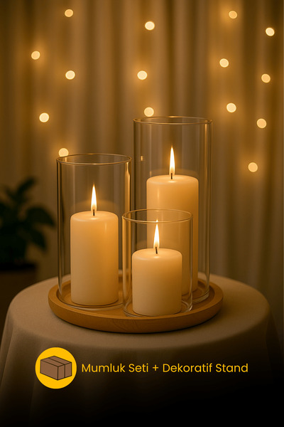 ERKUGO Dekoratif 4'lü Set, Bambu Sunumluk ve 3'lü Mumluk Seti, Isıya Dayanıklı Borosilikat Cam Mumluklar