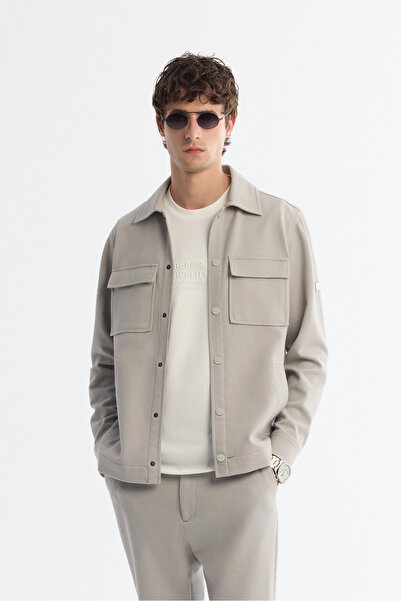 Avva Men's Light Gray Classic Collar Cotton Jersey Comfort Fit Shirt Jacket A42Y2092