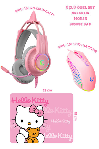 Rampage Özel PİNT 3 lü Set (Rampage SN-R10 Alquıst Kulaklık + SMX-G68 Spear Mouse + Hello Kitty Mouse Pad )