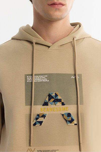 Avva Ανδρικό φούτερ με κουκούλα σε μπεζ χρώμα, βαμβακερό ελαστάνη, κανονική εφαρμογή A42Y1321