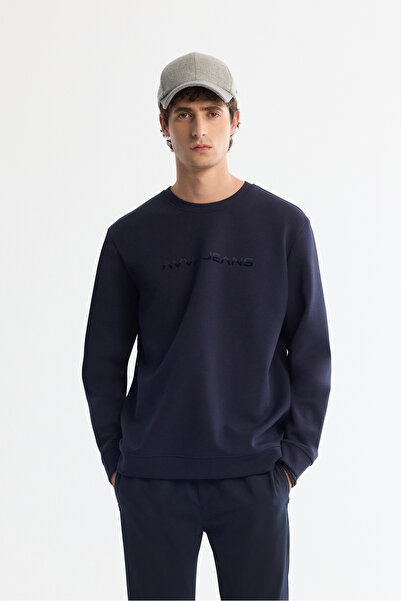 Avva Ανδρικό φούτερ με λαιμόκοψη σε μπλε ναυτικό χρώμα, βαμβακερό εμπριμέ ελαστάνη, κανονική εφαρμογή A42Y1221