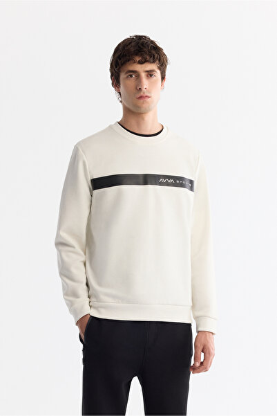 Avva Erkek Ekru Bisiklet Yaka Pamuklu Baskılı Elastan Regular Fit Sweatshirt A42Y1260