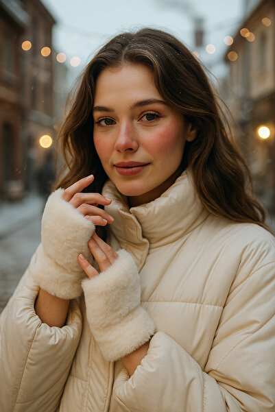 Luminos Butik Women's Ecru Cut Plush Gloves Eld33