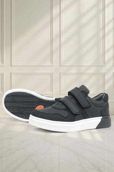 Rakerplus Genuine Leather Black and White Velcro Sneakers for Boys