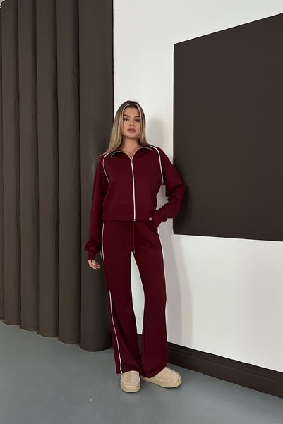mielva Women's Burgundy Striped Wide Leg Zippered Modal Fabric Tracksuit Set