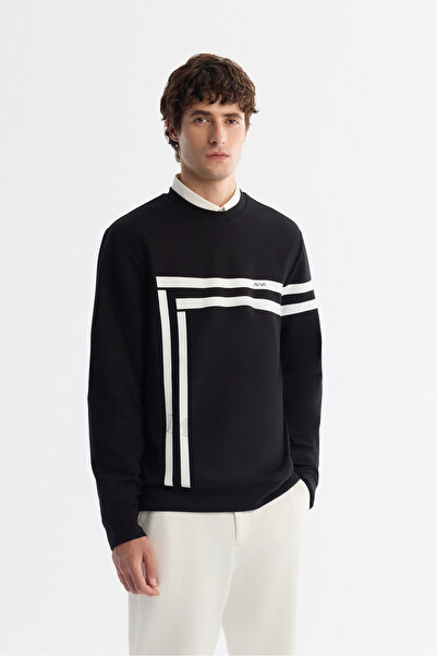 Avva Ανδρικό φούτερ με λαιμόκοψη μαύρο βαμβακερό εμπριμέ ελαστάνη Regular Fit A42Y1284