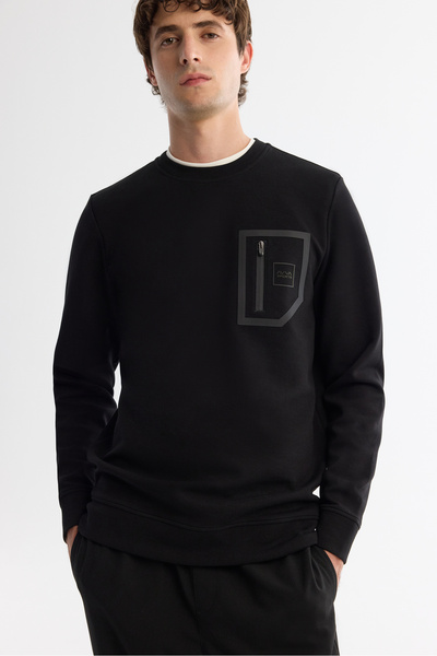 Avva Men's Black Crew Neck Cotton Printed Elastane Regular Fit Sweatshirt A42Y1240